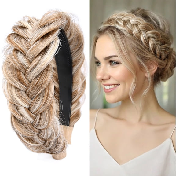 DIGUAN Wide Messy Braided Headband With Teeth Synthetic Hair Plaited Headband High Elasticity Braids Fishtail Braided Hair Band Hairpiece for Girls Women (Sandy Blonde)