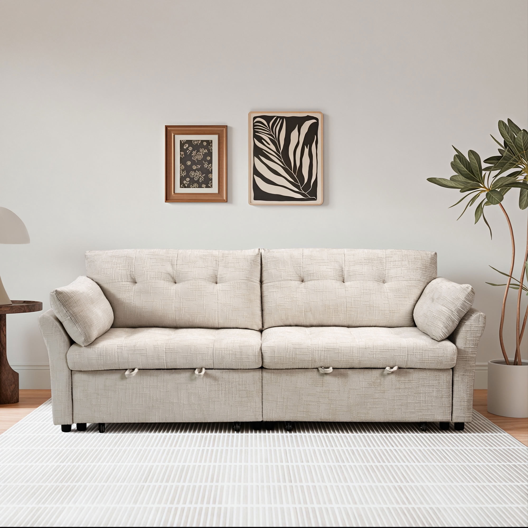 MAYEERTY Convertible Sleeper Sofa with Double Pull-Out Beds, 3-in-1 Tufted Linen Sofa Bed with 180° Flat Backrest, for Living Room, Apartment, Small Space