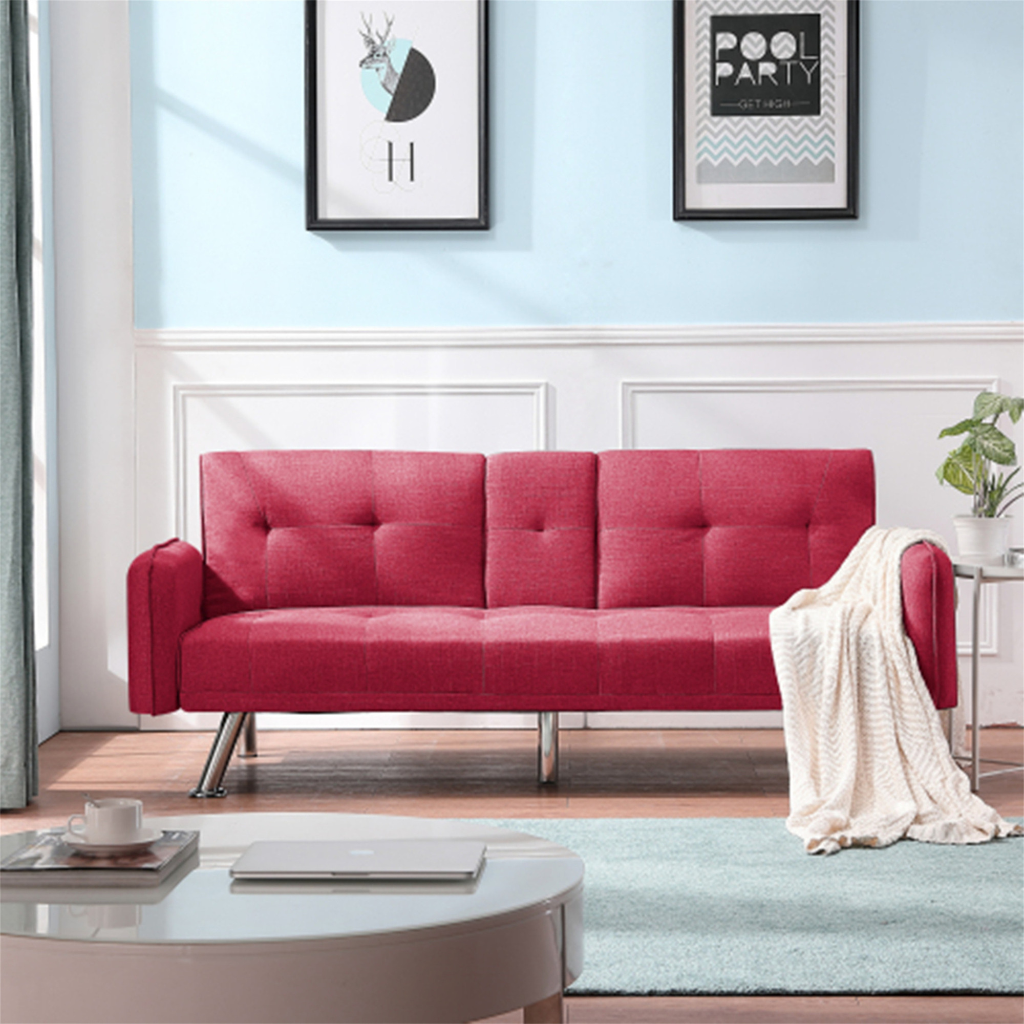 Aukfa 75" Square Arm Futon Convertible Sofa Bed for Home Office, 2 Cup Holders, Linen, Red
