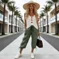 thumbnail image 7 of Linen Capris for Women Casual Travel Drawstring Elastic Waist 3/4 Length Pants Tie Side Straight Leg Cropped Trousers with Pockets, Green-a, XXL, 7 of 7