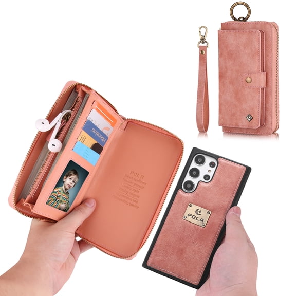 Galaxy S23 Wallet Case, Multi-Functional Premium Leather Folio Removable Wallet Cover with Zip Purse ID Credit Card Holder & Detachable Magnetic Case For Samsung Galaxy S23, Pink