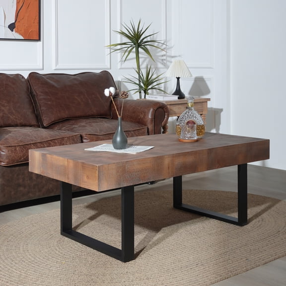 GDF Studio 47.2" Rectangular Coffee Table, Wooden Handcrafted Table with Metal Legs