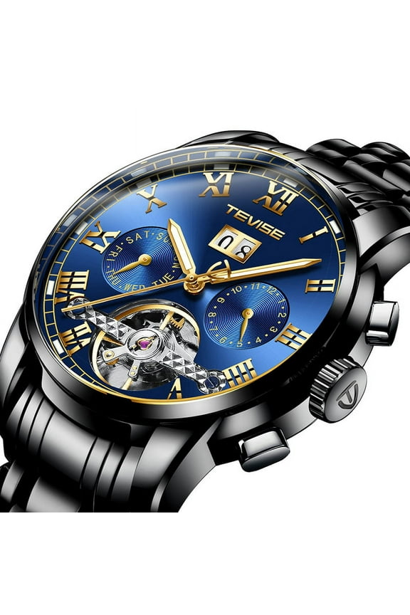 Luxury Men Tourbillon Automatic Mechanical Luminous Hands Watch Date&Day& Month Indicator Black Band Graduation Gift Fathers Day Gift Best Gift For Husband, Boyfriend