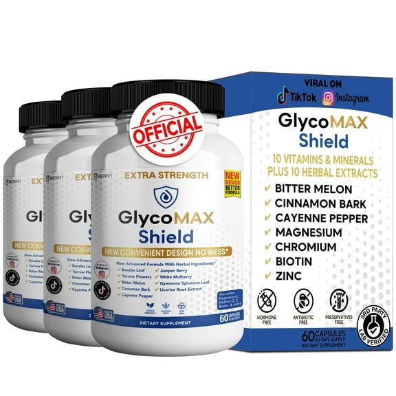 GlycoMAX Shield Extra Strength Blood Sugar Support Supplement, 60 Capsules, Herbal Blend with Vitamins & Minerals