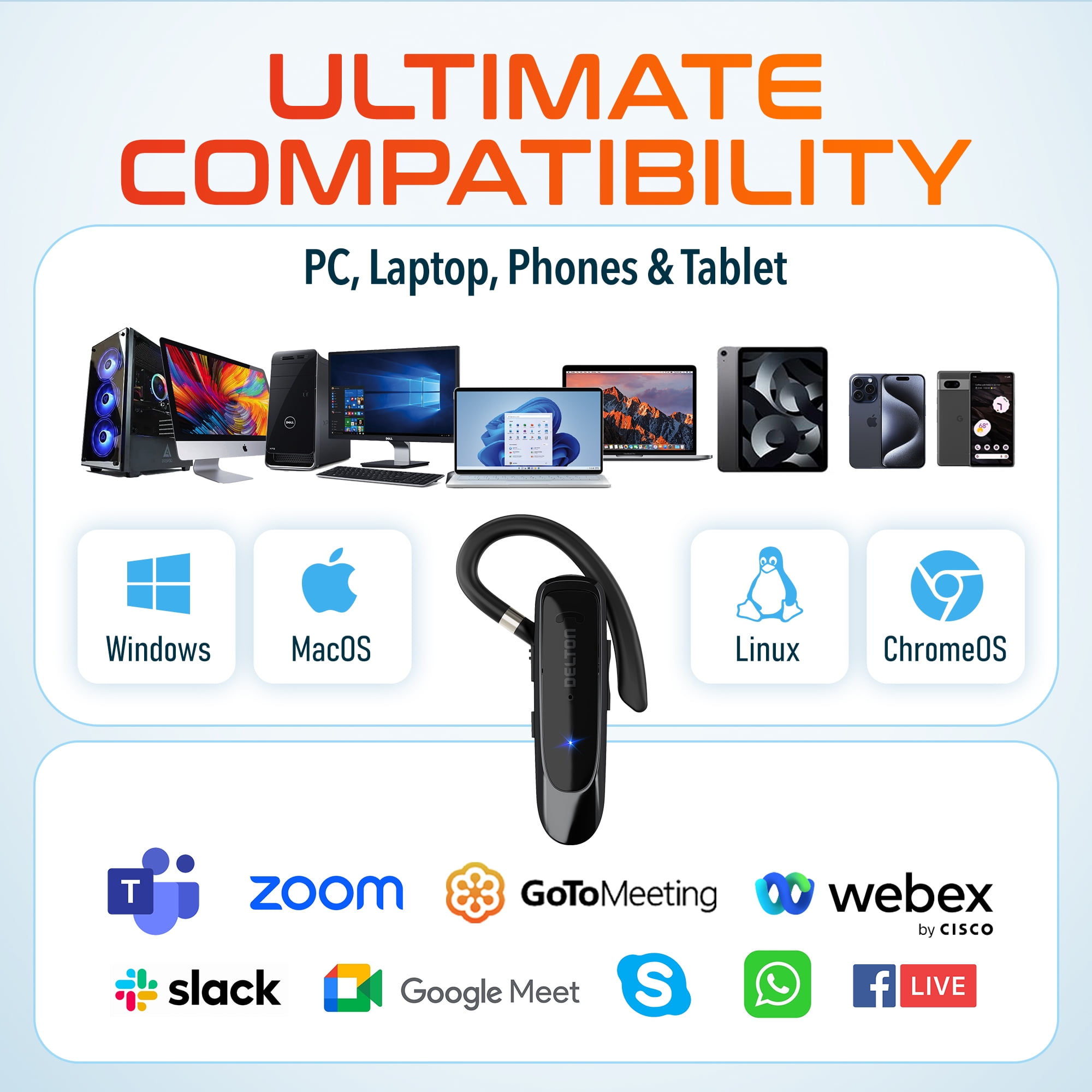 Delton 22X Wireless Mono Bluetooth Headset, Wireless Single Ear Headset with Built-In Microphones, Lightweight Earpiece Compatible With PC, Laptop, Smartphone, and Tablet - Black