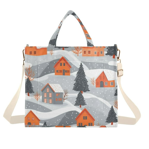 FORMRS Womens Corduroy Tote Bag Crossbody Shoulder Handbag with Pocket, Gray Snow Houses