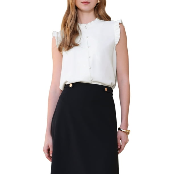 Blusa de oficina sin mangas para mujer INSPIRE CHIC, con botones, volantes y cuello redondo, color blanco L