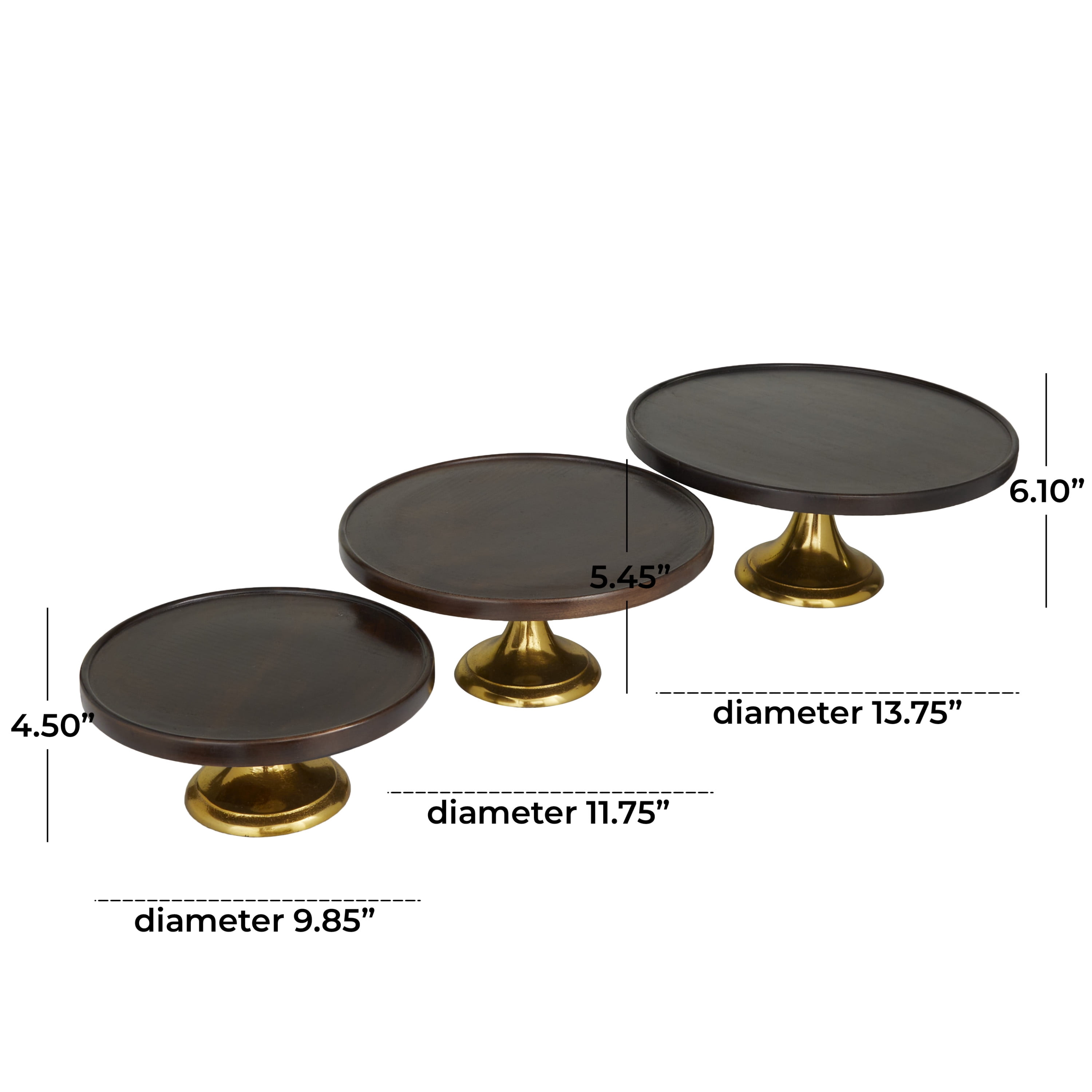 DecMode 14", 12", 10"W Dark Brown Mango Wood Cake Stand with Gold Aluminum Bases, 3-Pieces