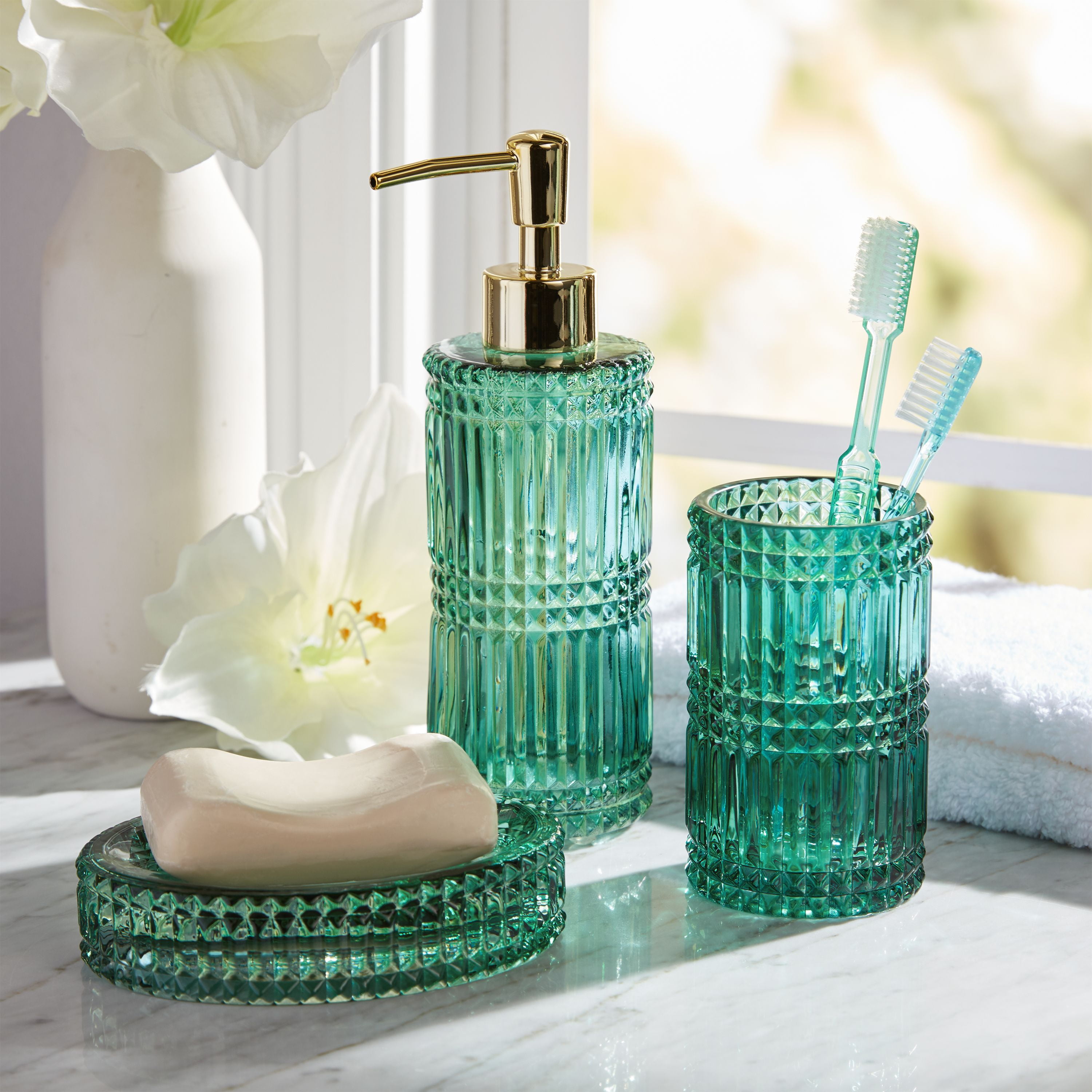 3 Piece Glass Bath Accessory Set By Drew Barrymore Flower Home Green Walmartcom Walmartcom