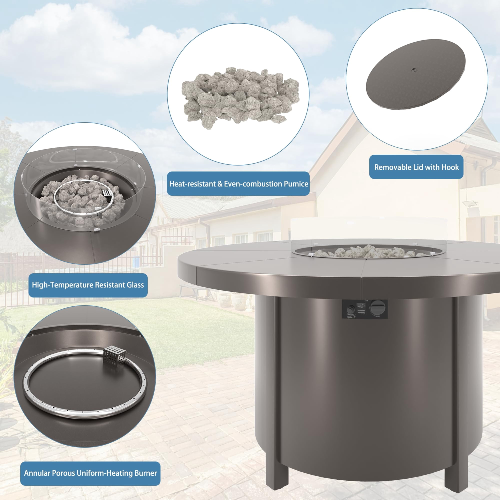 ALAULM Round Gas Fire Pit Table 48in, 40000 BTU Outdoor Propane Fire Pit with Round Metal Tabletop, Adjustable Flame,Windshield & CSA Certification for Outside Patio & Garden