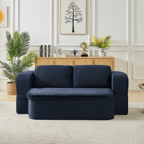 Convertible Sleeper Sofa Bed Modern Folding Futon, 2-in-1 Floor Foam Compression Couch No Assembly Required for Small Space Living Room Bedroom Apartment, Dark Blue