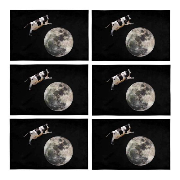 YUSDECOR Funny A Dairy Cow Jumping Over The Moon Placemats Table Mats for Dining Room Kitchen Table Decoration 12x18 inch,Set of 6