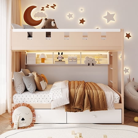 DRNANLIT Full Size Castle Theme Loft Bed with Storage Drawers & Nightlight Bookshelf, Solid Pine Wood, Safe Rounded Edges, Ideal for Small Rooms, White