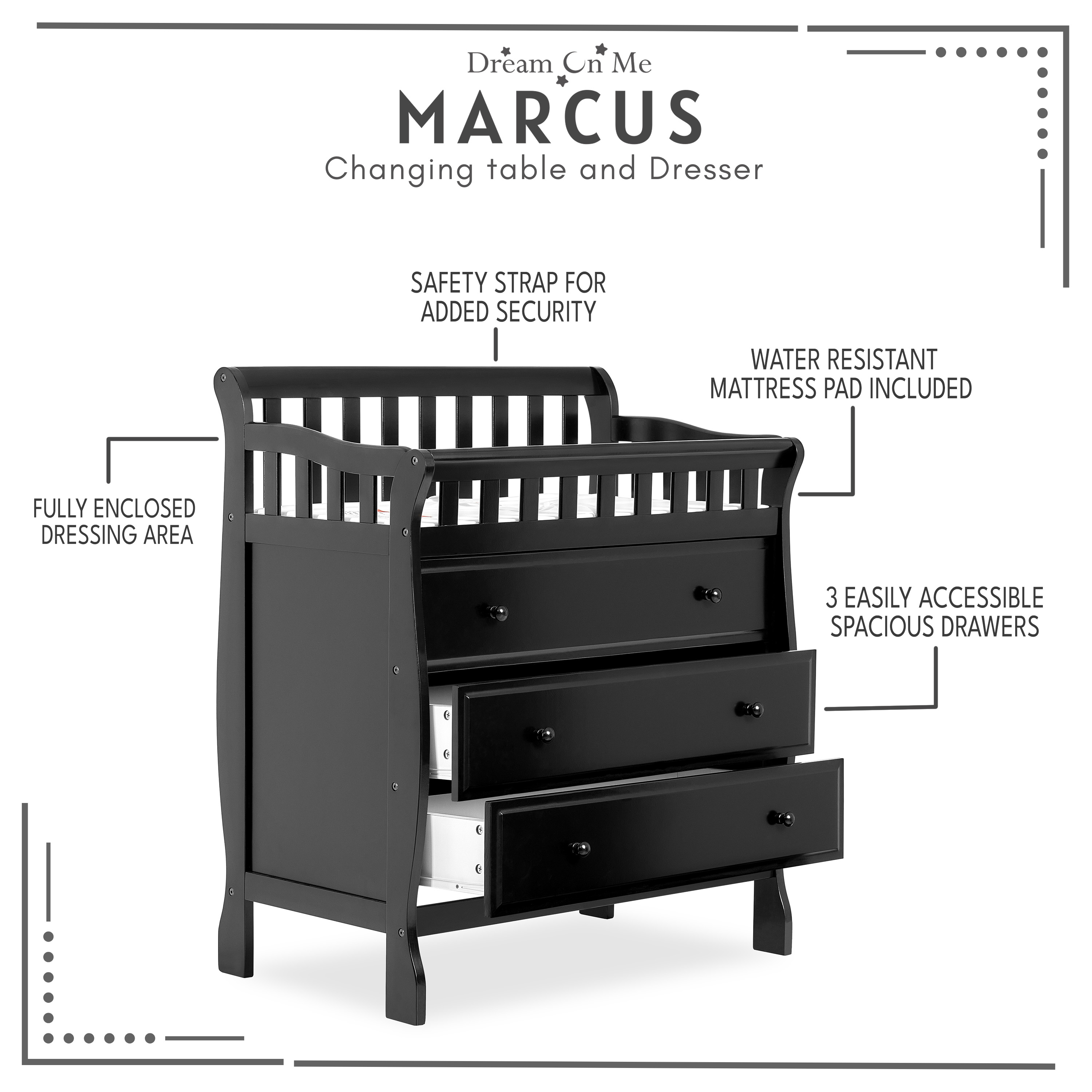 Dream On Me Marcus Changing Table And Dresser, Black - image 5 of 10