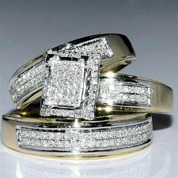 Silver & Stone Jewels Celebrate Love with a Round Cut CZ Wedding Trio Set in 14K Yellow Gold Finish For Couples