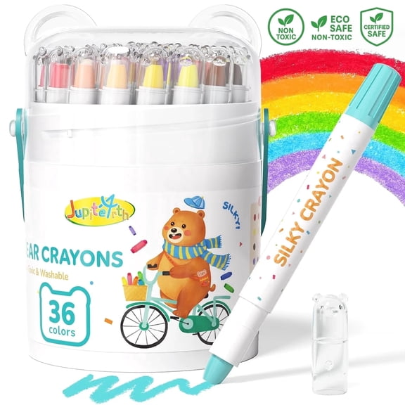 Jupitearth 36Ct Non-Toxic Washable,Silky Crayons for toddlers1-3,Kids 4-8,Back to School Art Supplies