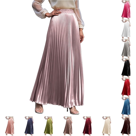 Rggeeun Maxi Skirts for Women Pleated Flowy Skirt A-Line Casual Skirt Elastic Waist Everyday Wear,Pink,S