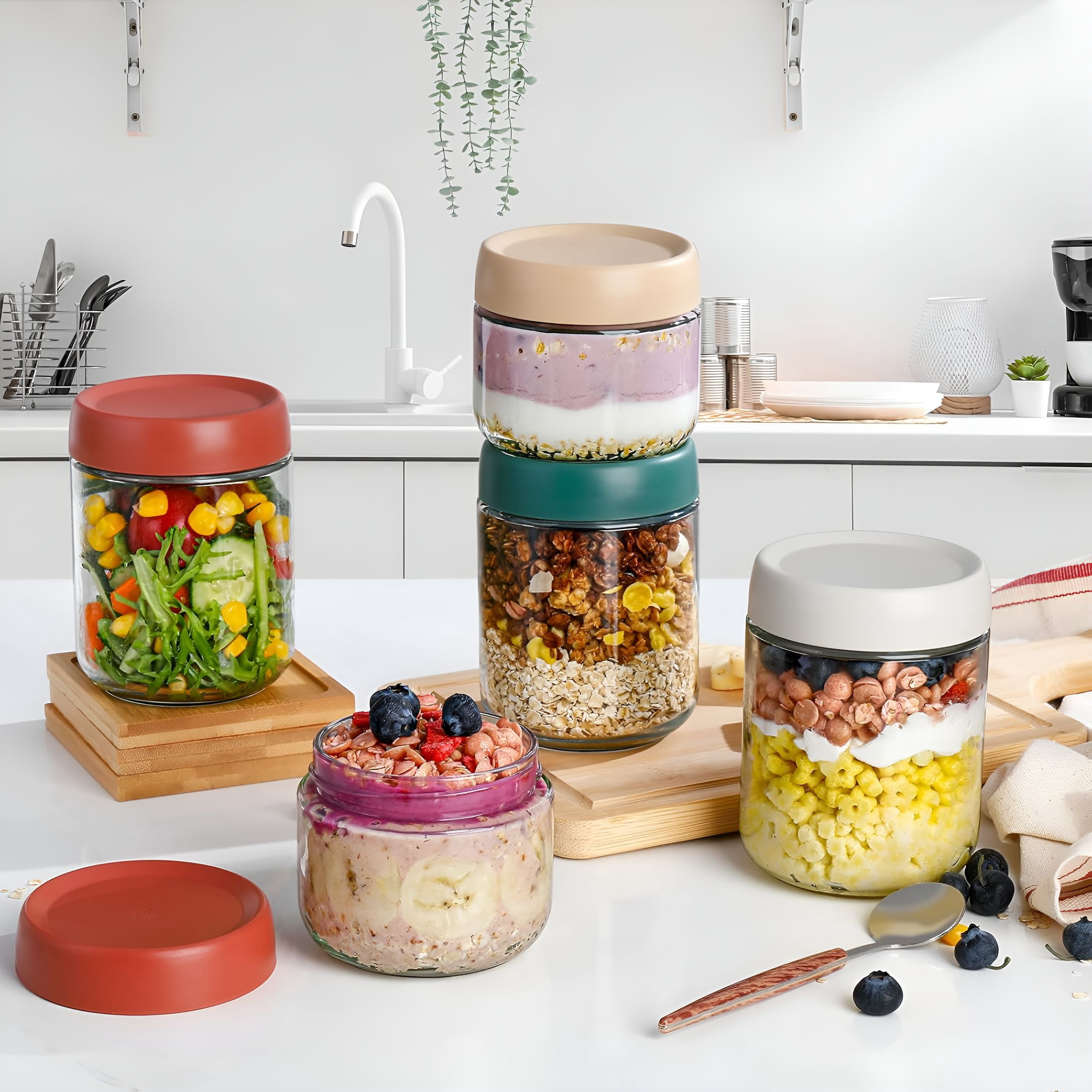 ACDANC Overnight Oats Containers with Lids,16Oz Glass Jars with Lids-Set of 4,Practical Oatmeal Container to Go,Chia Seed Pudding Jars,Baby Food Containers