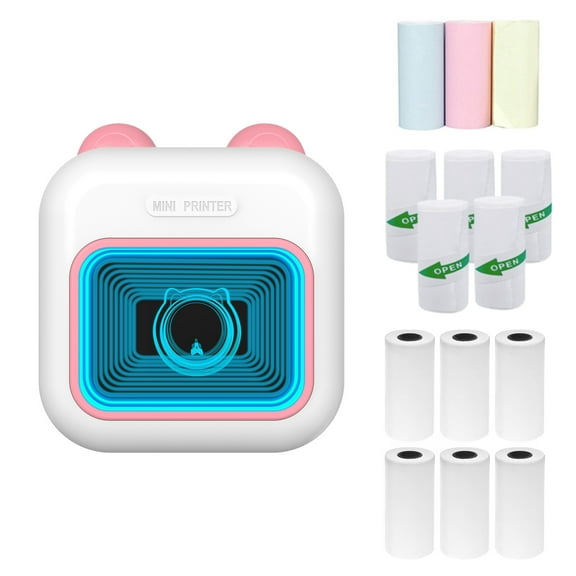 Mini Pocket Thermal Instant Photo Printer 7-Color LED Light Label Maker Machine BT Wireless Connect Compatible with Android or iOS APP Support Receipt Label Memo Sticker Notes Lists Scrapbook DIY