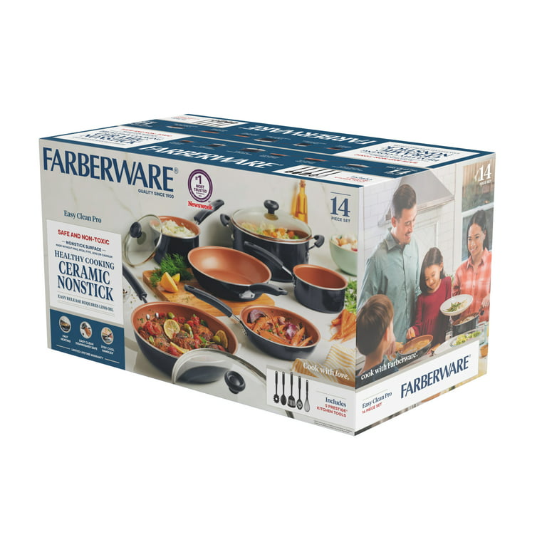 Farberware Easy Clean Pro Ceramic Nonstick Pots and Pans Set, 14-Piece  Brown