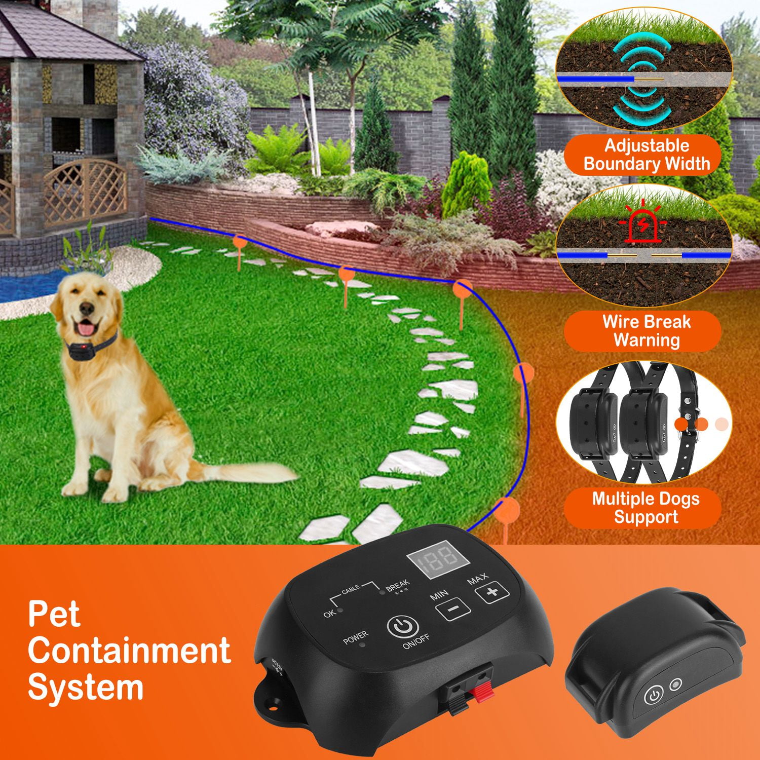 Moclever Electric Dog Fence System, IPX7 Waterproof Rechargeable Receiver Underground Dog Fence System with 100 Adjustable Levels for Small Medium Large Dogs, 1 Transmitter 1 Receiver