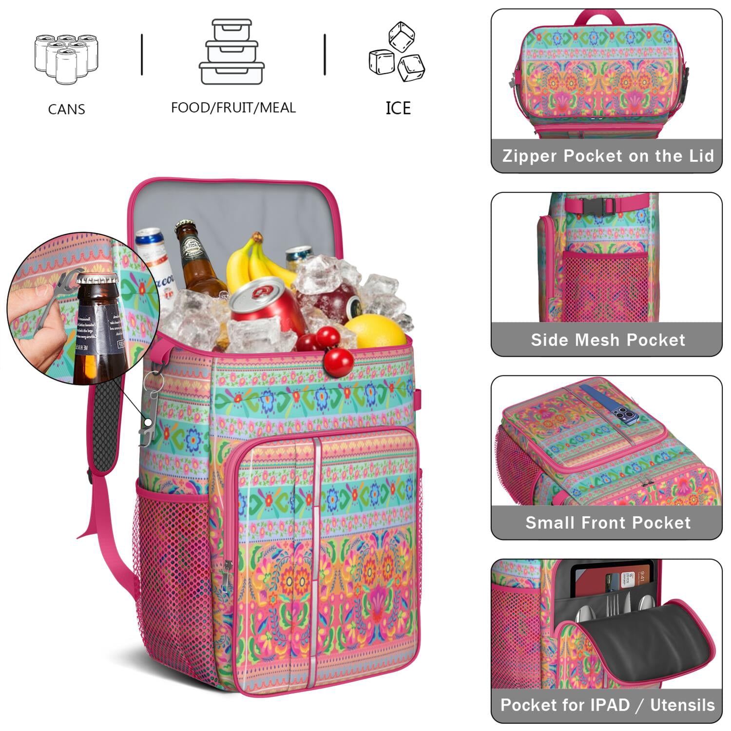 Travel Cooler Bag - Boho Bohemia Pioneer Flower Geometric Line Art Camping Beer Cooler Backpack with Bottle Opener- Waterproof Insulated Picnic Backpacks - Cooler Bag for Beach