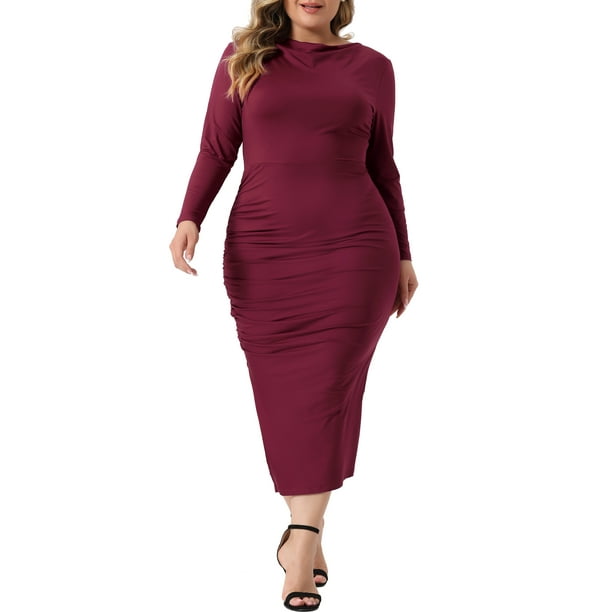 plus size long sleeve ruched dress PLUS SIZE LONG SLEEVES RUCHED FRONT BODYCON MESH MAXI DRESS 2-2-2 (1X-2X-3X)