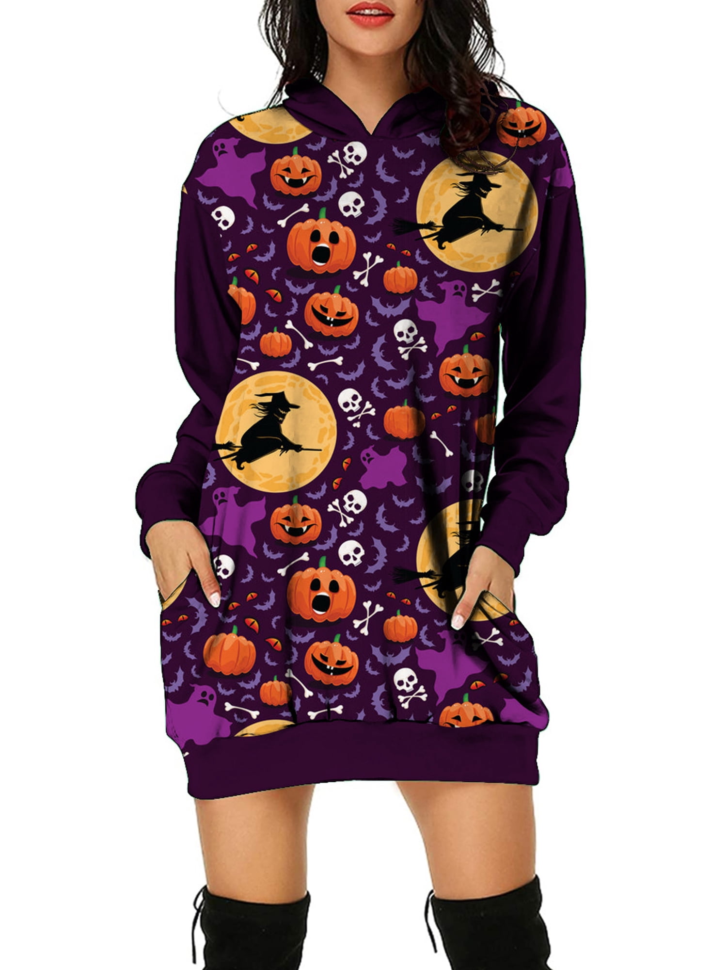 Wrcnote Women Skull Printed Long Sleeve Sweatshirt Dress Funny Festival  Pumpkin Print Pullover Hoodie with Pockets Halloween Hoodies  WYQ01-A08-SM5451 S - Walmart.com
