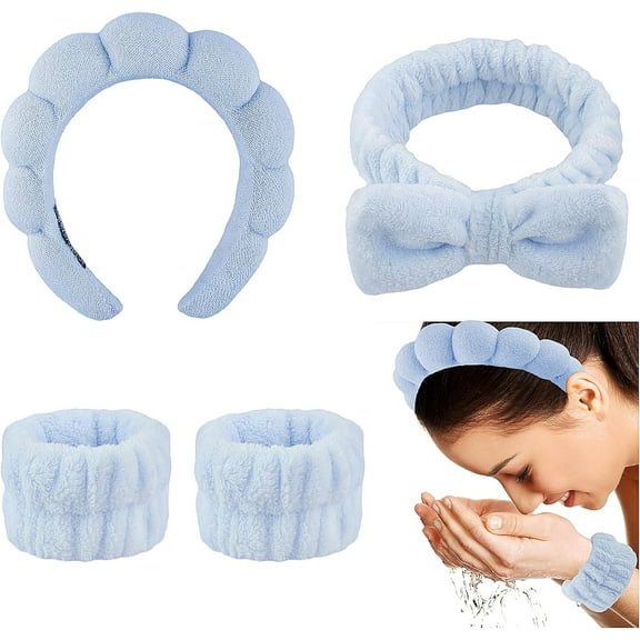 4 Pack Spa Headband For Skincare & Makeup - Terry Cloth Women's Bubble Headband With Face Wash Wristbands - Soft Puffy (Blue)