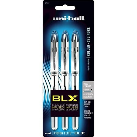 uni-ball Vision Elite BLX Infusion Rollerball Pens, Bold Point (0.8mm), Blue/Black, 3