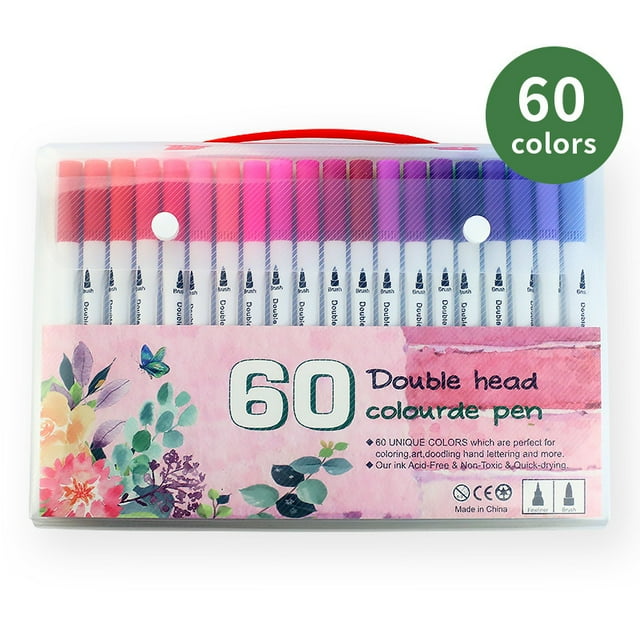 60 Packs Dual Tip Colored Pens Brush and Fine Tip Pens Double Head Ended Colorful Drawing Pens Art Pens Felt Tip Coloring Writing Painting Lettering Markers (60 Assorted Colors)