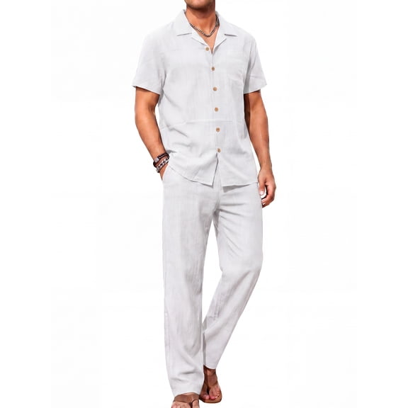 RICHCOIN Men 2 Piece Linen Outfit Beach Button Down Shirt Casual Loose Pant Sets