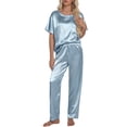 thumbnail image 2 of DAKIMOE Womens Silk Satin Pajama Set Short Sleeve Shirt with Long Pajamas Pant Set Two-piece Pj Sets Soft Sleepwear Loungewear Nightwear Pjs S-2XL, Gray Blue, XL, 2 of 10