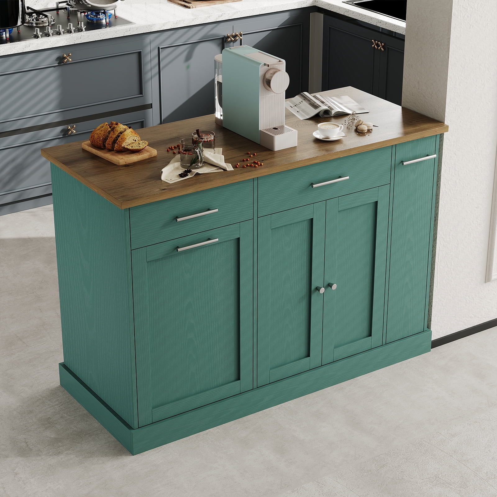 4 EVER WINNER 53" Rolling Kitchen Island on Wheels, Mobile Kitchen Cart with Trash Can Storage, 3-Tier Spice Rack & Adjustable Shelves, Kitchen Island Table for Versatile Kitchen Storage, Deep Green