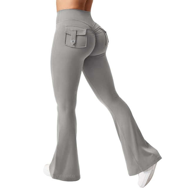 Leggins YEOREO Brittany Flare con bolsillos para mujer, color gris claro, XL
