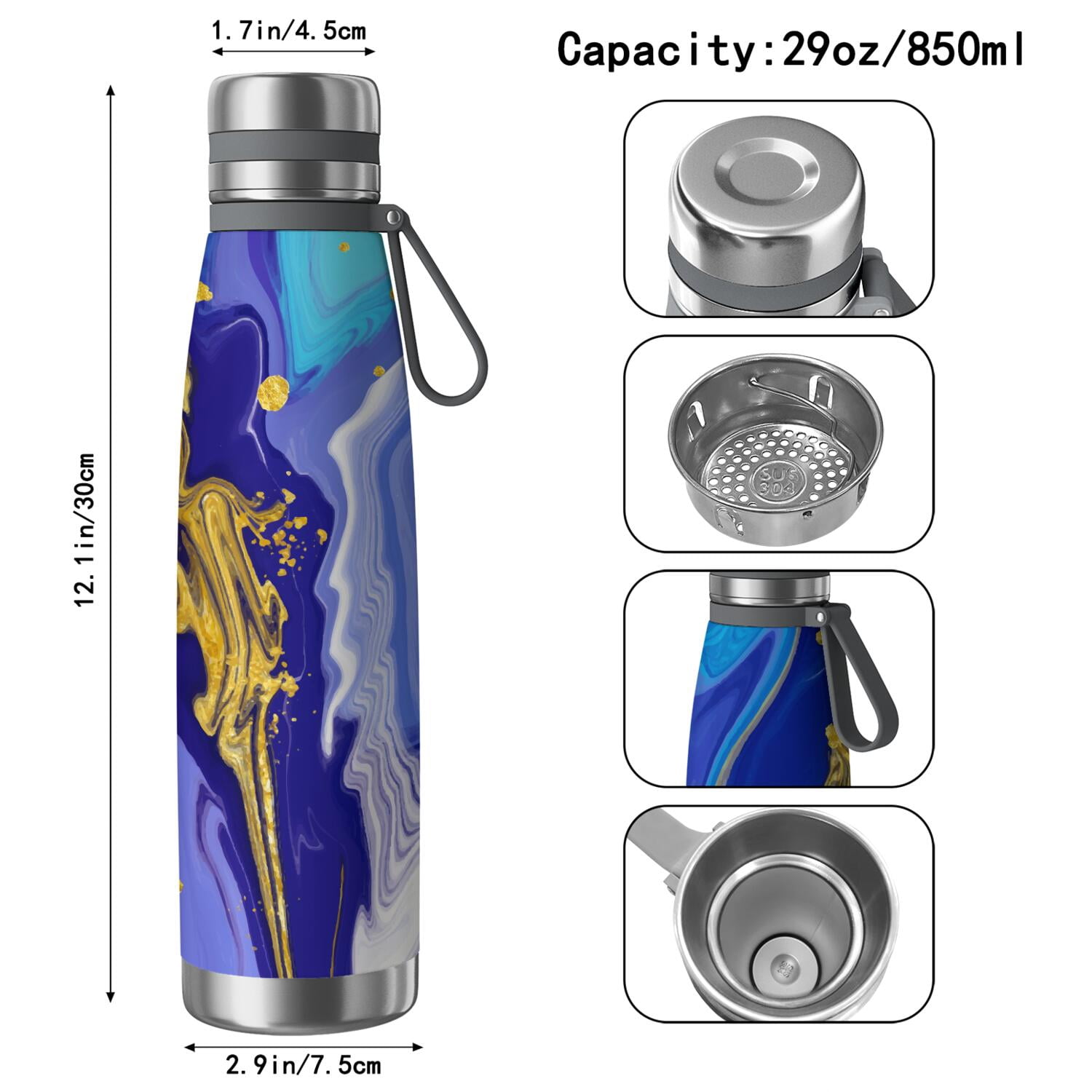 29oz Insulated Water Bottle with Tea Infuser, Stainless Steel Travel Mug, Liquid & Marble Print
