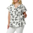 thumbnail image 1 of Women's Plus Size Tops Ruffle Neck Floral Print Bell Sleeve Wrap Tie Waist Boho Peplum Blouse White 3X, 1 of 7