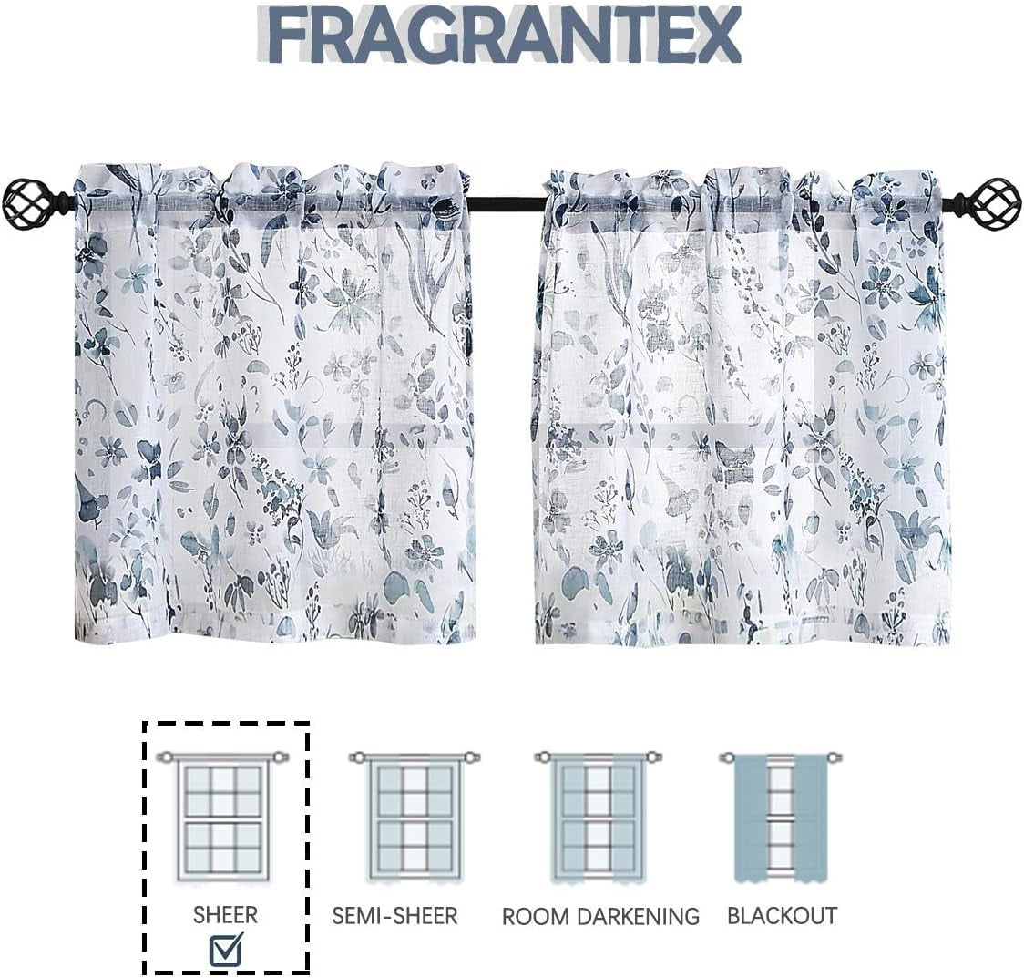 Blue and Grey Floral Small Window Curtains for Bathroom Kitchen Curtains 24 inch Length Print Flower Sheer Cafe Curtain Window Treatment Set for Bathroom,28" W x 24" L 2 Panels Rod Pocket