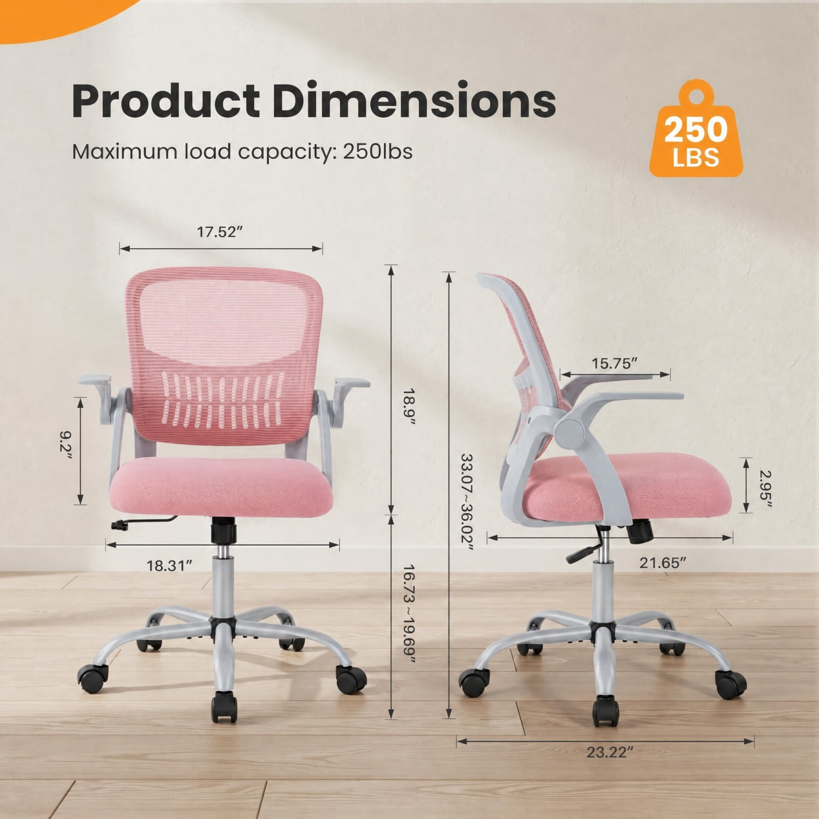 Kelno Ergonomic Mesh Office Chair Mid Back Desk Chair with Lumbar Support Flip-up Armrests Adjustable Height Swivel Task Chair, Pink