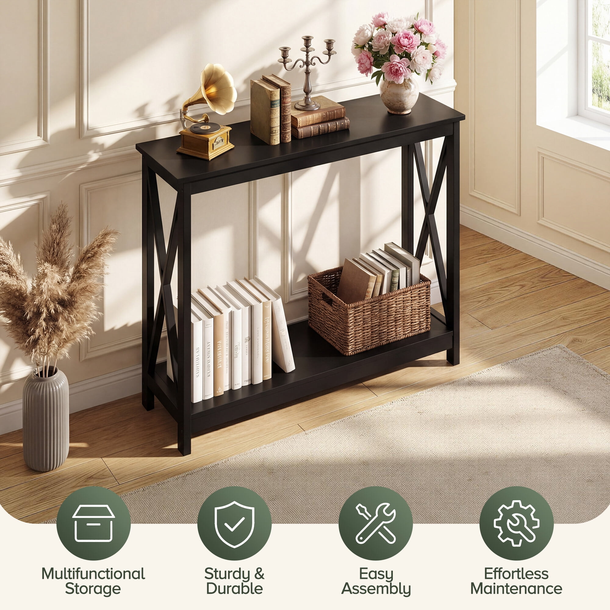 ZENY 39.4" 2-Tier Narrow Entryway Console Table, X-Shape Sofa Table, Black