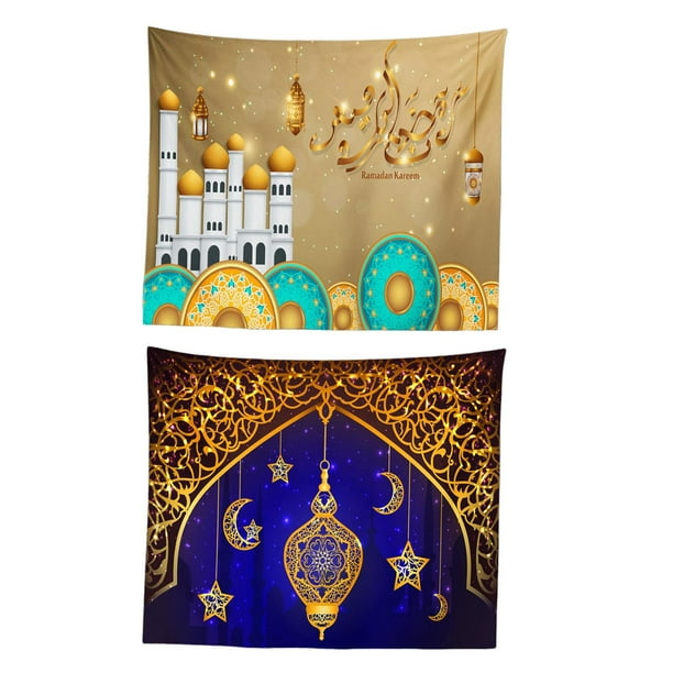 Feelfreeau 2x Ramadan Home Tapestry Eid Mubarak Wall Hanging Eid Festival Decoración azul y caqui