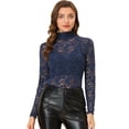 thumbnail image 1 of Blusa de encaje floral transparente Allegra K con cuello simulado de manga larga para Mujer Azul marino XL, 1 of 5
