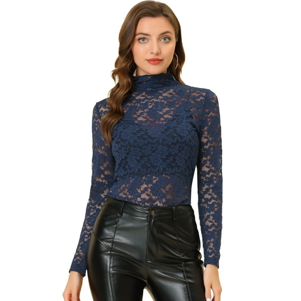 Allegra K Blusa de encaje floral transparente con cuello simulado de manga larga para mujer Azul marino L