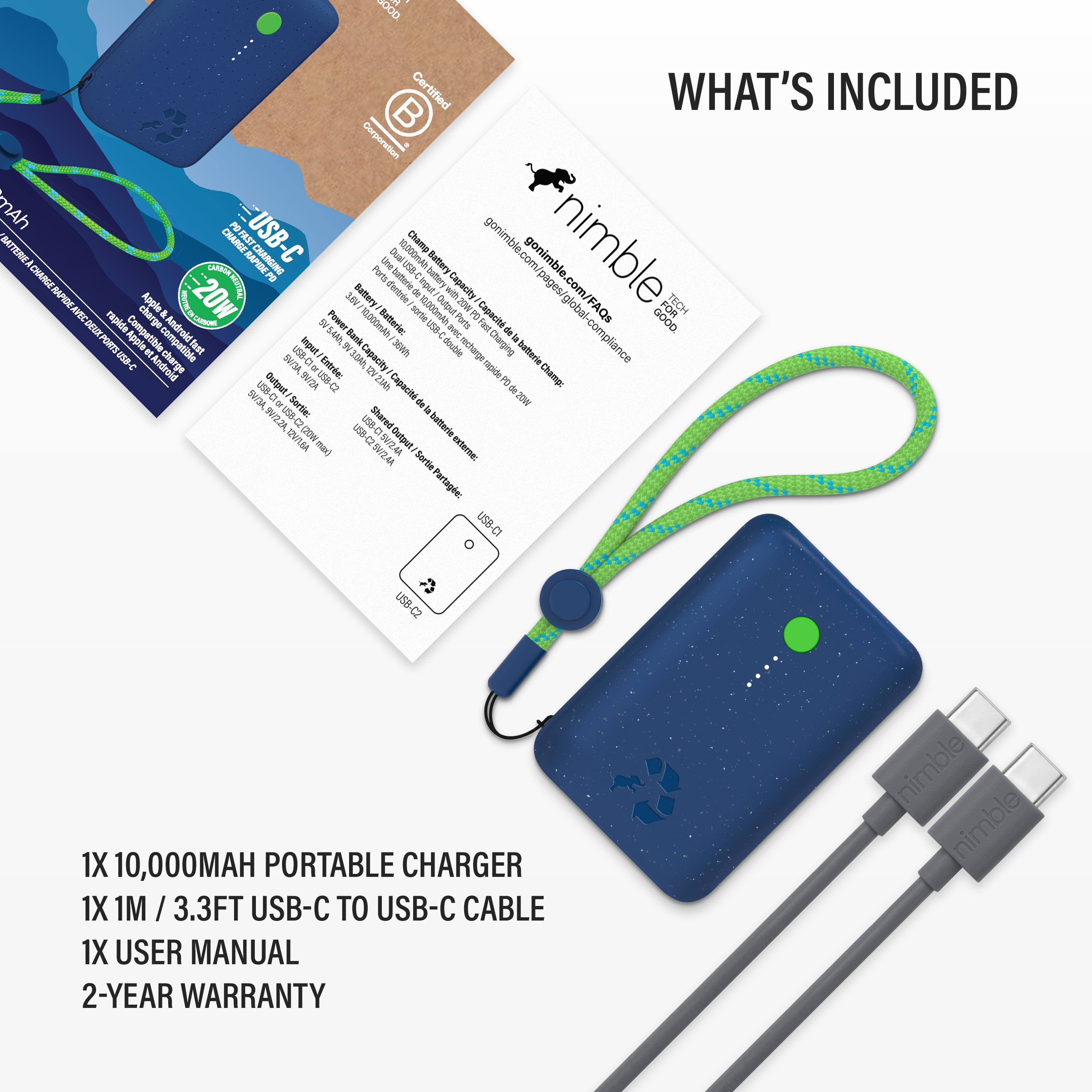 Champ Portable Charger, 10,000mAh Power Bank Fast Charging, 20W Dual USB-C Battery Pack with Cable, Travel Essential Power Bank for iPhone Laptops Galaxy Tablet Pixel iPad Macbook Kindle Airpod
