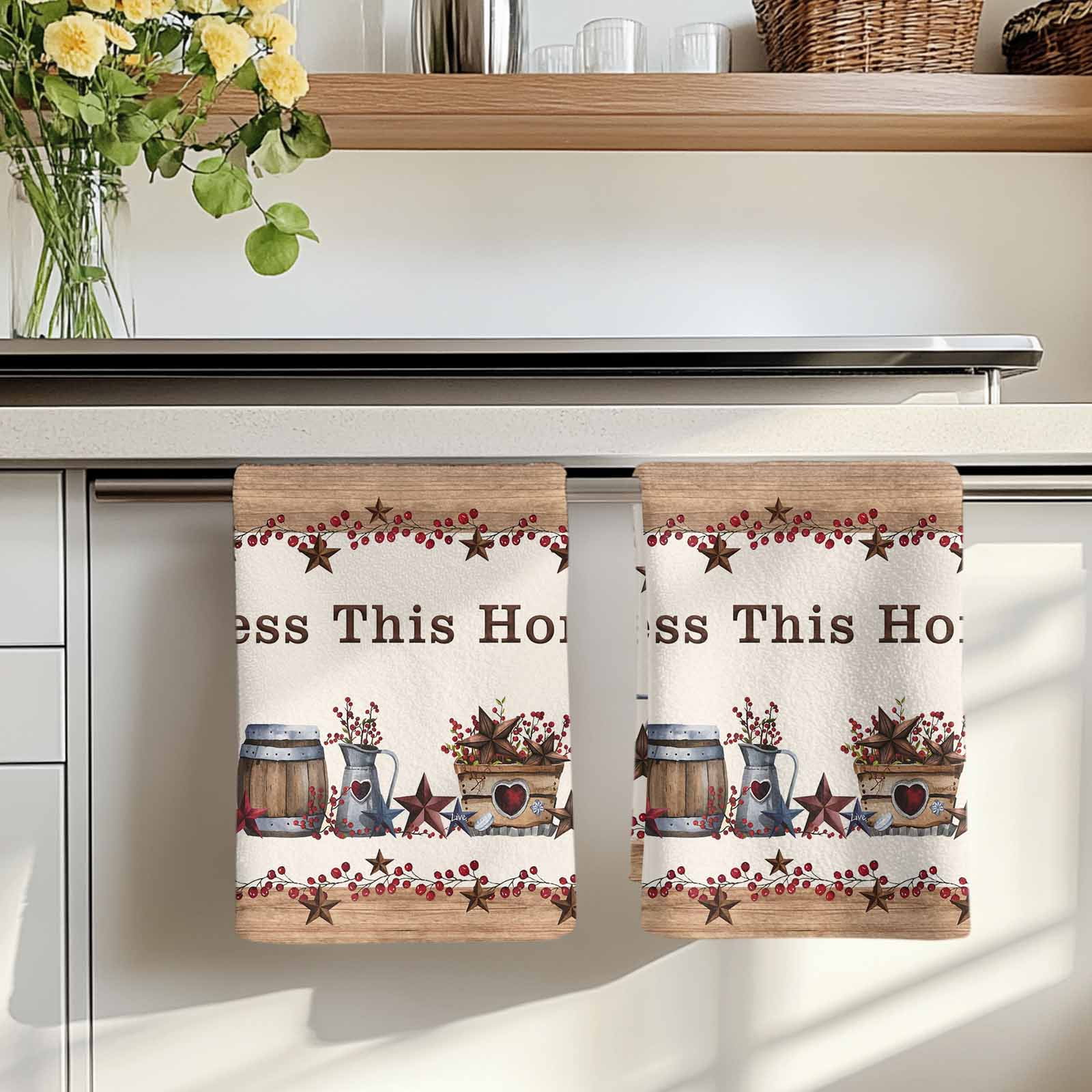 Dish Towels, Western Texas Star Wood Absorbent Kitchen Towels 2 PCS, Red Berry Farmhouse Barn Microfiber Hand Towels Dish Cloths Tea Towels for Home&nbsp;Bathroom Cleaning Drying,18X28-Inch,