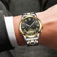thumbnail image 6 of Men Quartz Analog Watch Accurate Timekeeping Stainless Steel Chronograph Business Dress Wristwatch Gold Shell Black Face (7.48 in / 19.0 cm), 6 of 9