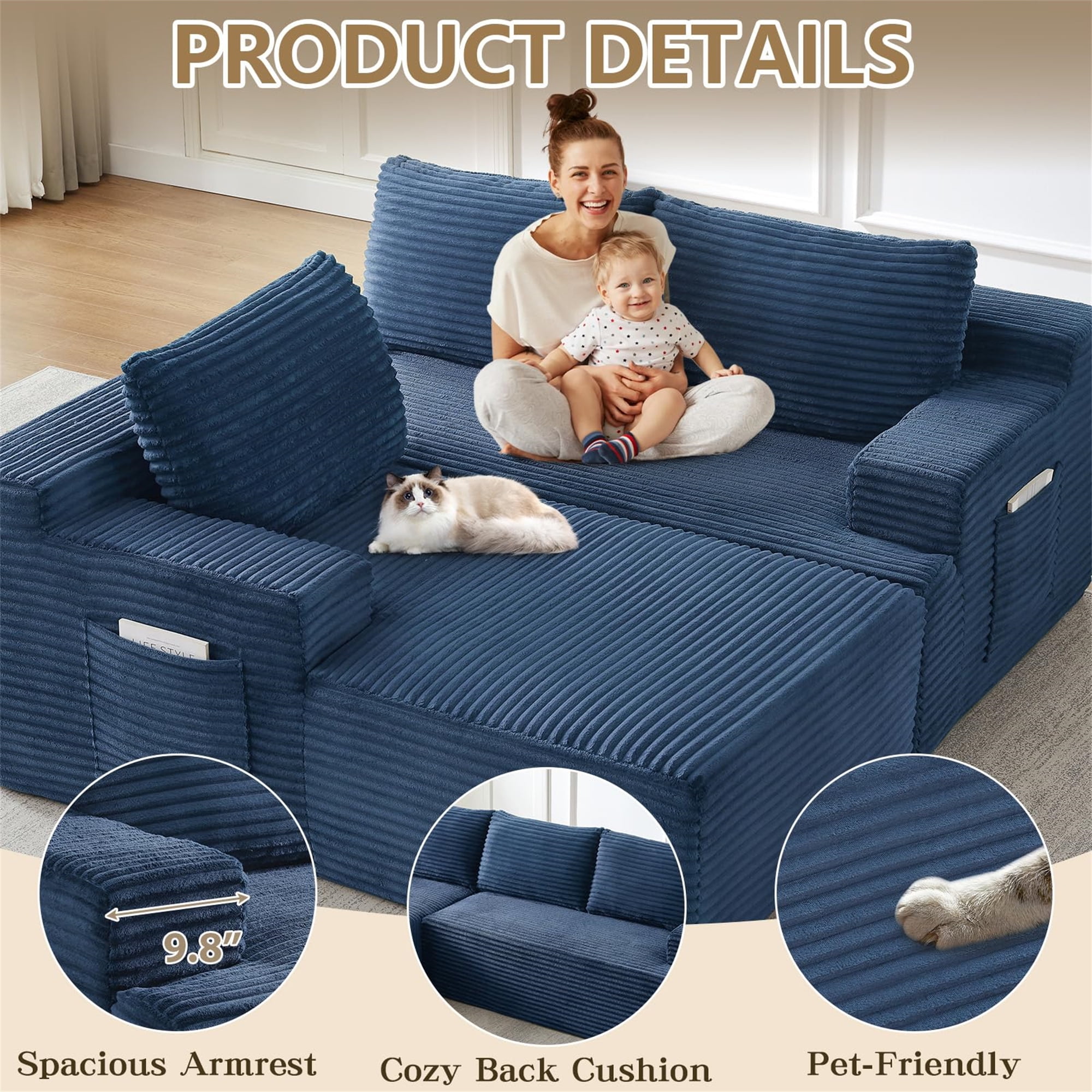 Aukfa 95" Cloud Sectional Sofa Boneless Couch Modular Sofa Bed for Living Room, 2 Side Pockets, Left Chaise, Blue