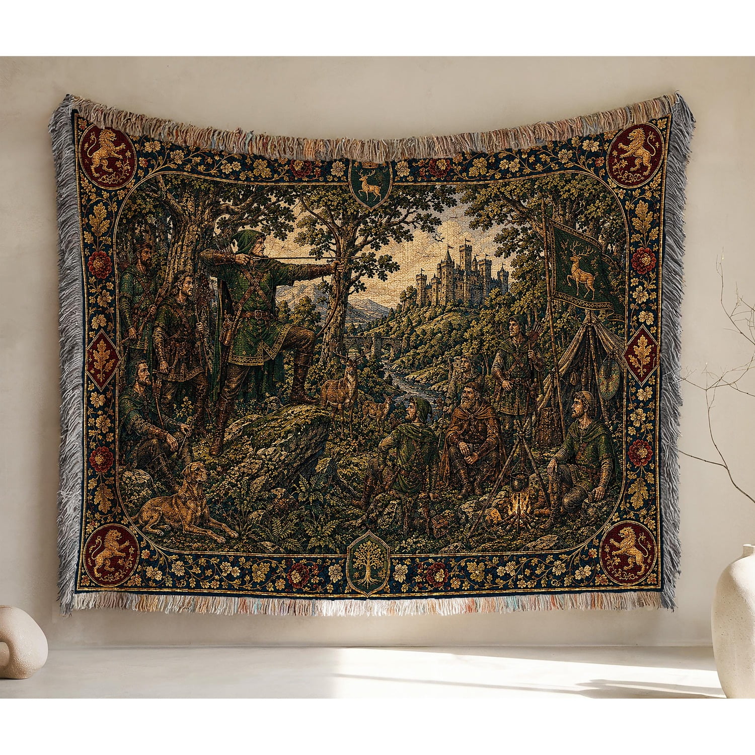 Medieval Forest Archer and Castle Woven Throw Blanket Cotton with Fringed Edges for Gothic Home Decor