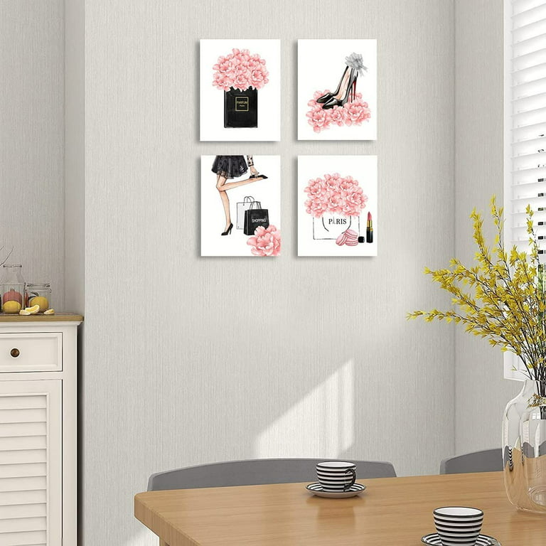 Pink Wall Decor Fashion Girls Perfume Handbags Pink Room Decor for Women Bedroom  Fashion Canvas Wall Art Pictures for Bathroom Wall Decor 