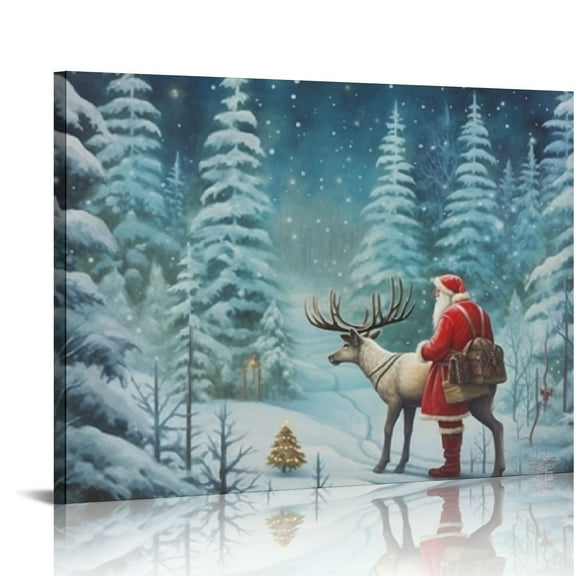 COMIO Christmas Wall Art, Christmas Canvas Prints Wall Art, Christmas Santa Claus & Deer Picture Gift for Living Room Decor, Winter Snowscape Poster, Framed Artwork for Home Wall Art Decor